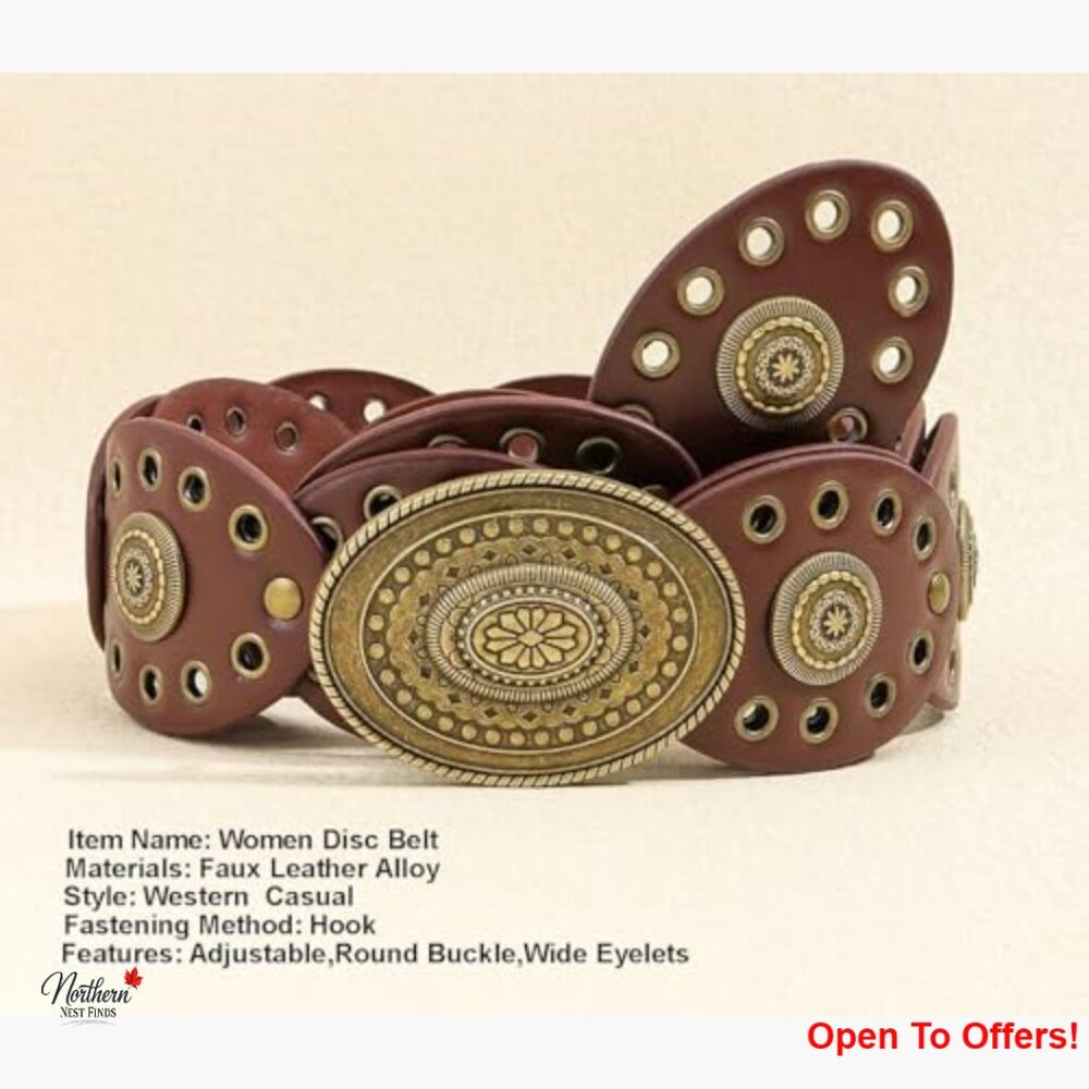 Wide Disc Belt with Vintage Concho Buckle in PU Leather - Picture 3 of 6